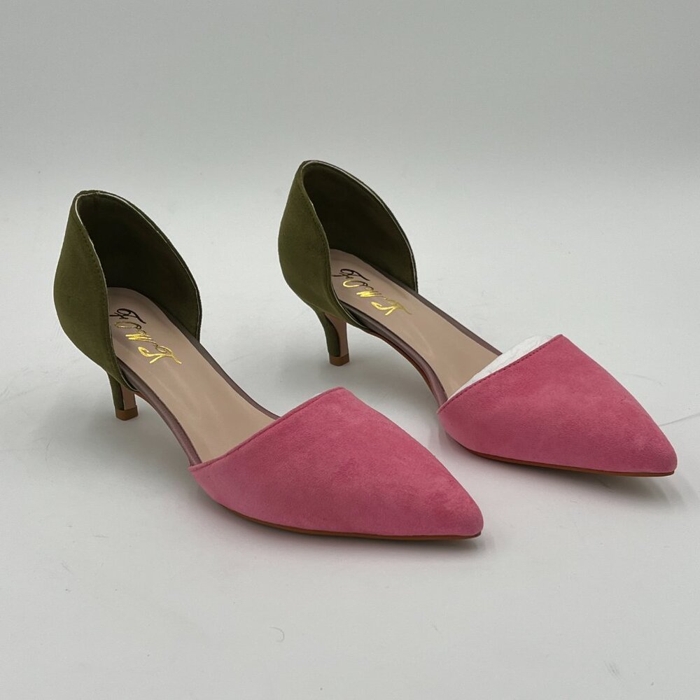 Pink and Olive Two-Tone Pointed Toe Kitten Heel Pumps